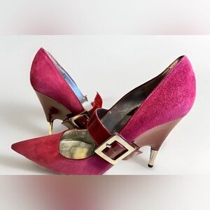 CHARLES JOURDAN~RARE VINTAGE Blood Red Suede MJ Pumps w/ Silver Accents Sz 8.5M